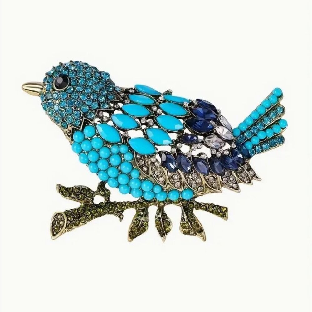 Large Crystal Bird Brooch Pin Blue Rhinestones - Gold Tone